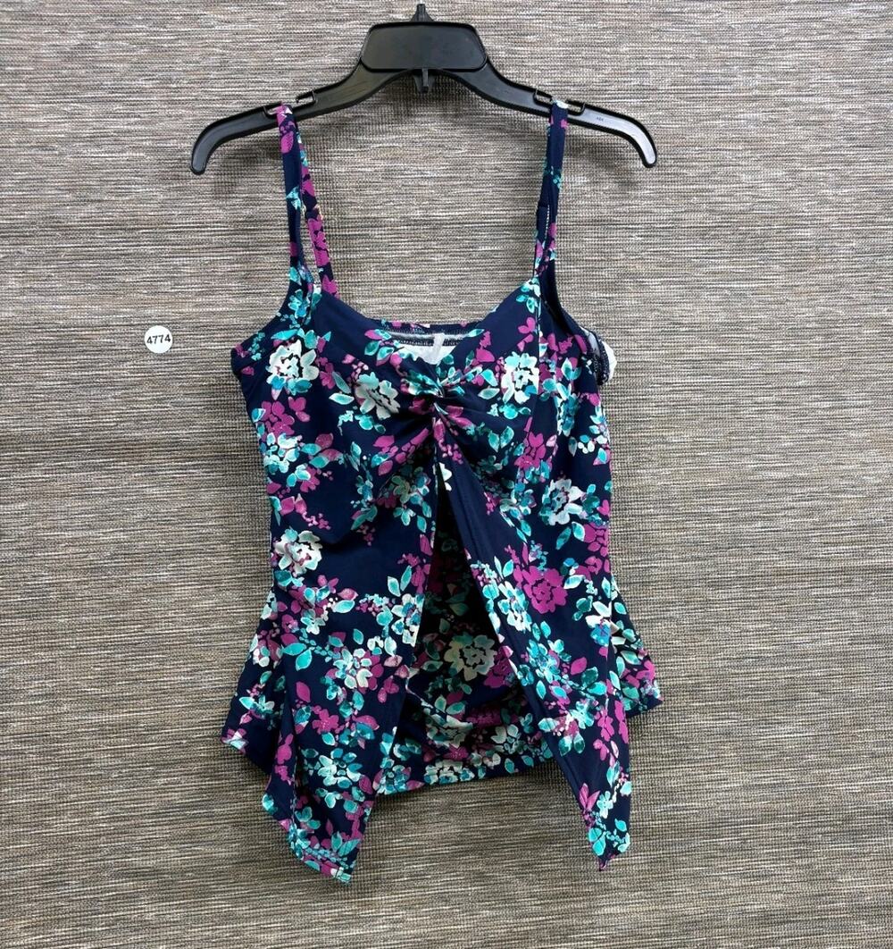 Lands End Tankini Top Navy floral Underwire Bathing Swim Suit Purple Aqua Sz 14
